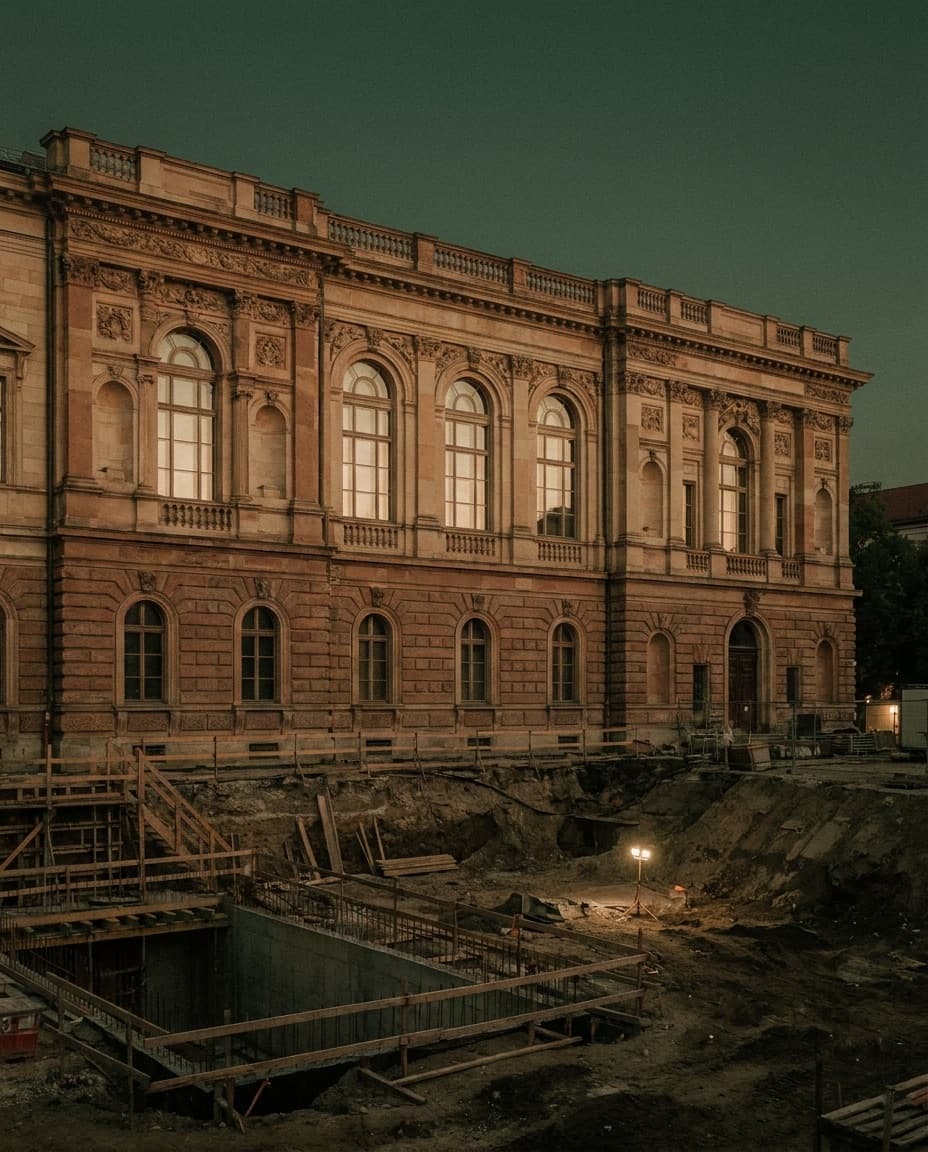An ornate building stands finished above an open, unfinished foundation pit, output racing ahead of its footing.